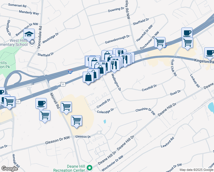 map of restaurants, bars, coffee shops, grocery stores, and more near 301 Cheshire Drive in Knoxville