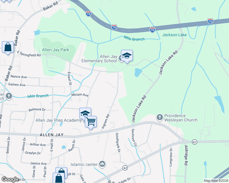 map of restaurants, bars, coffee shops, grocery stores, and more near 2612 Ingram Road in High Point