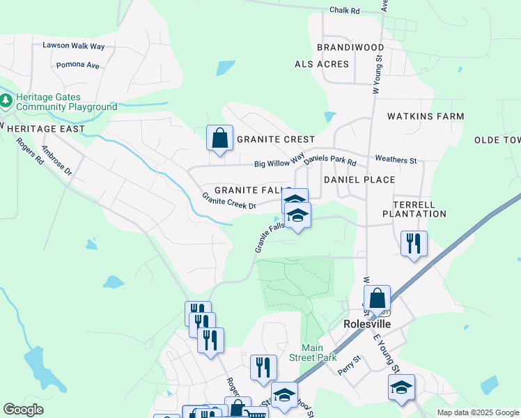 map of restaurants, bars, coffee shops, grocery stores, and more near 417 Granite Creek Drive in Rolesville