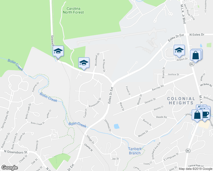 map of restaurants, bars, coffee shops, grocery stores, and more near 104 Eastridge Place in Chapel Hill