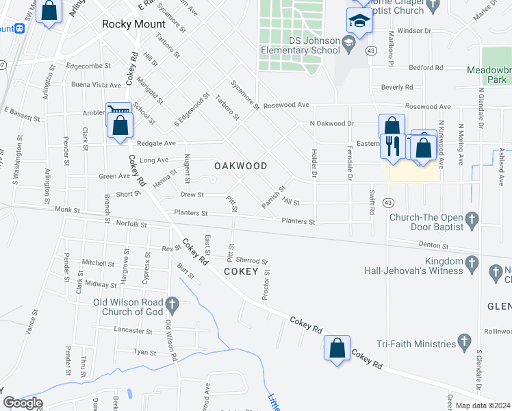 map of restaurants, bars, coffee shops, grocery stores, and more near 1141 Long Avenue in Rocky Mount
