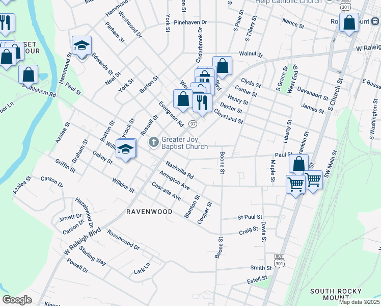 map of restaurants, bars, coffee shops, grocery stores, and more near 670 Paul Street in Rocky Mount