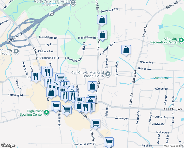 map of restaurants, bars, coffee shops, grocery stores, and more near 615 Vista Circle in High Point