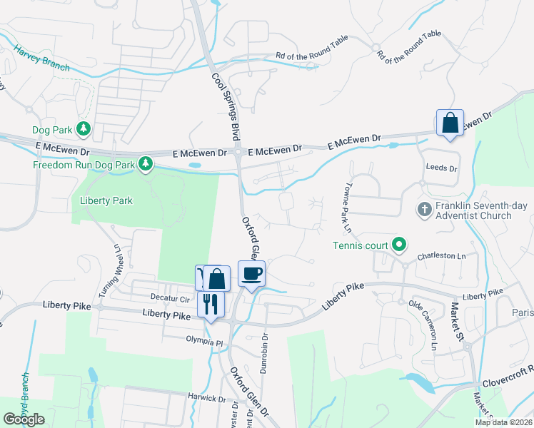 map of restaurants, bars, coffee shops, grocery stores, and more near 3004 Coral Bell Lane in Franklin