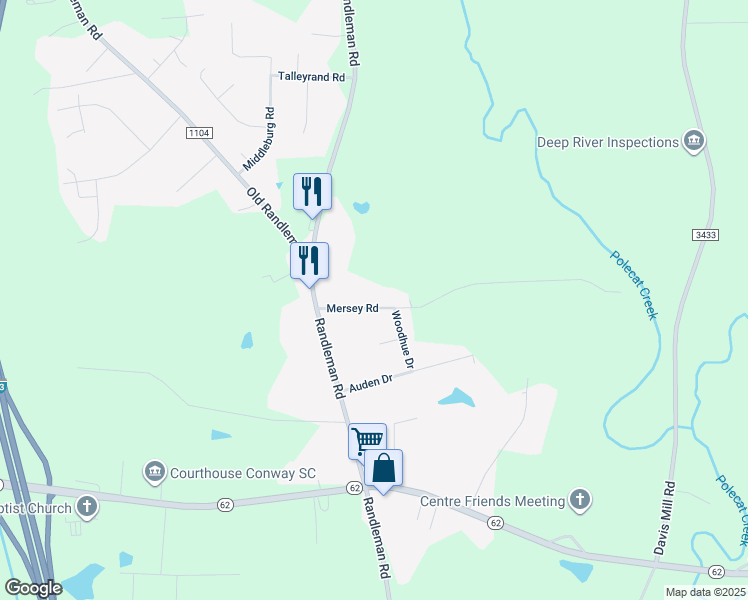 map of restaurants, bars, coffee shops, grocery stores, and more near 107 Mersey Road in Greensboro