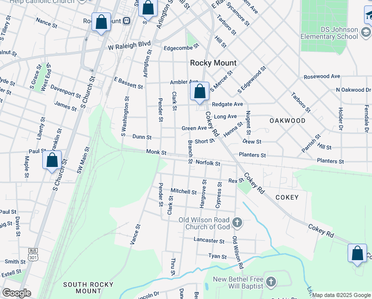map of restaurants, bars, coffee shops, grocery stores, and more near 1014 Branch Street in Rocky Mount