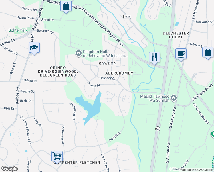map of restaurants, bars, coffee shops, grocery stores, and more near 3616 Sana Court in Durham