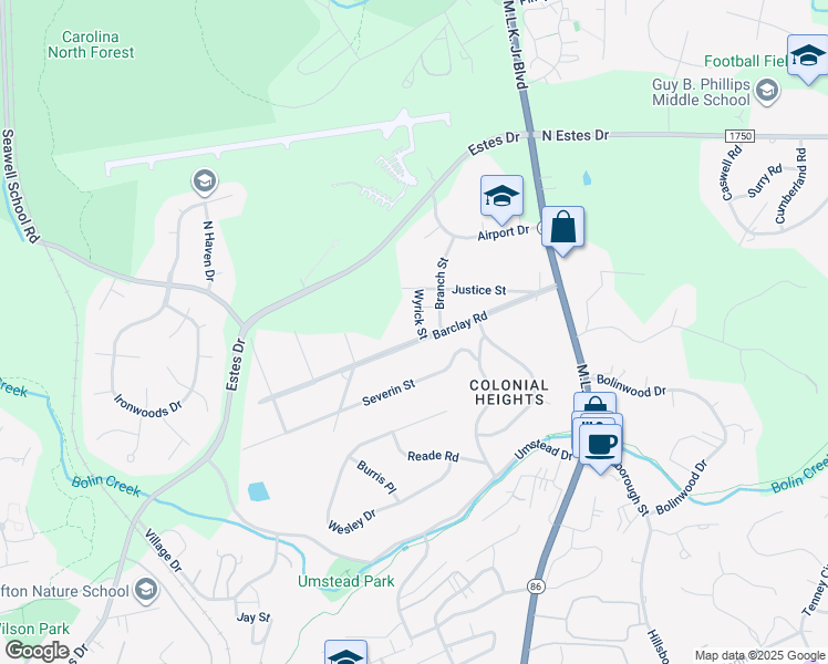 map of restaurants, bars, coffee shops, grocery stores, and more near 4 Wyrick Street in Chapel Hill