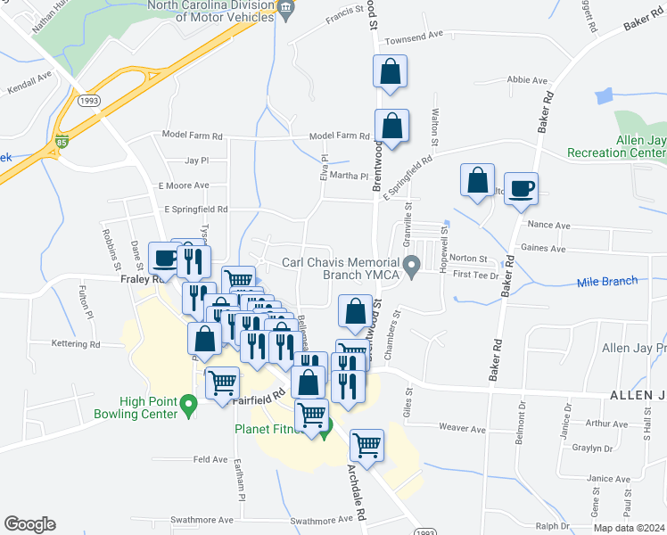 map of restaurants, bars, coffee shops, grocery stores, and more near 609 Vista Circle in High Point