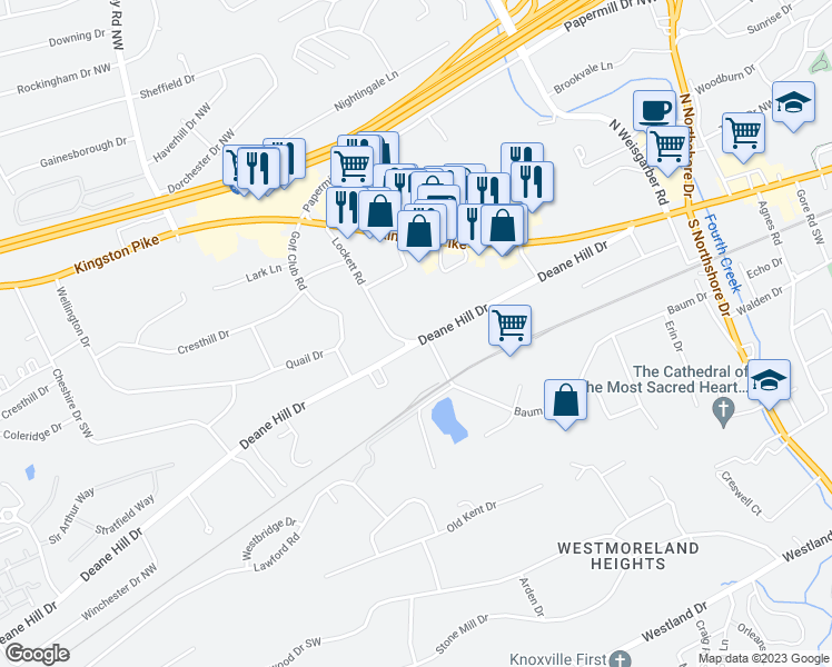 map of restaurants, bars, coffee shops, grocery stores, and more near 6525 Deane Hill Drive in Knoxville