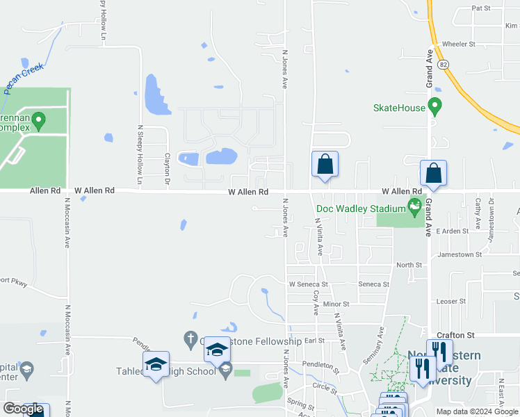 map of restaurants, bars, coffee shops, grocery stores, and more near 509 West Allen Road in Tahlequah