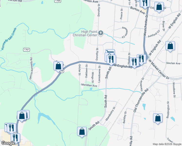 map of restaurants, bars, coffee shops, grocery stores, and more near 201 Princeton Avenue in High Point