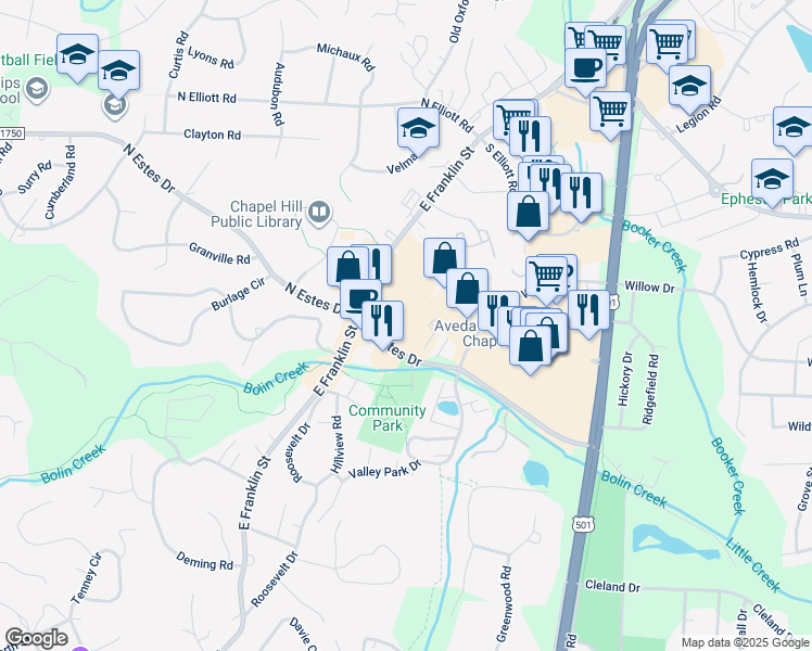 map of restaurants, bars, coffee shops, grocery stores, and more near 113 Conner Drive in Chapel Hill
