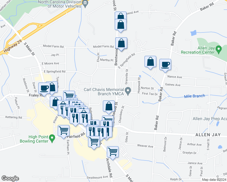 map of restaurants, bars, coffee shops, grocery stores, and more near 2410 Brentwood Street in High Point