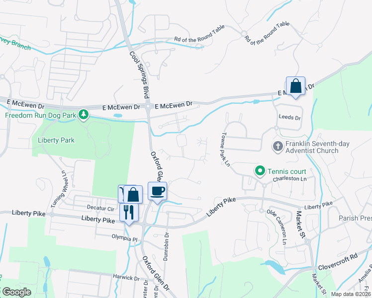 map of restaurants, bars, coffee shops, grocery stores, and more near 219 Conservatory Drive in Franklin