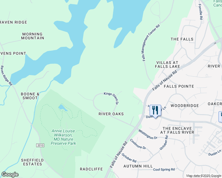 map of restaurants, bars, coffee shops, grocery stores, and more near 1224 Kings Grant Drive in Raleigh