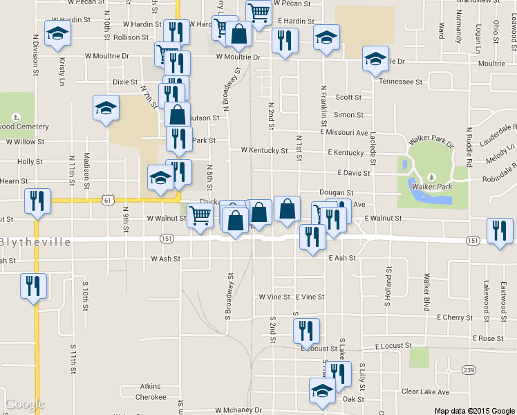 map of restaurants, bars, coffee shops, grocery stores, and more near 200 West Walnut Street in Blytheville