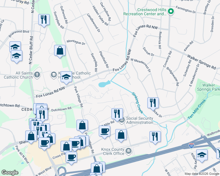 map of restaurants, bars, coffee shops, grocery stores, and more near 9109 Cedarpark Lane Northwest in Knoxville
