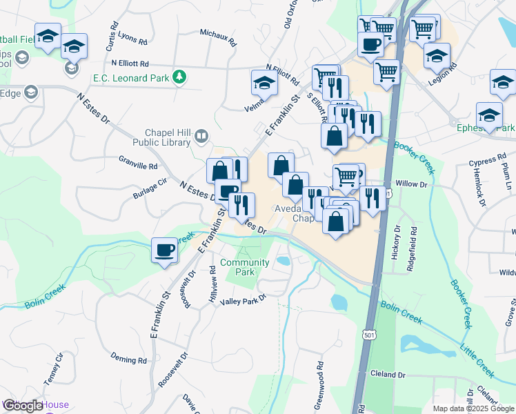 map of restaurants, bars, coffee shops, grocery stores, and more near 113 Conner Drive in Chapel Hill