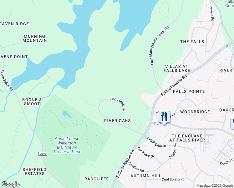 map of restaurants, bars, coffee shops, grocery stores, and more near 1224 Kings Grant Drive in Raleigh