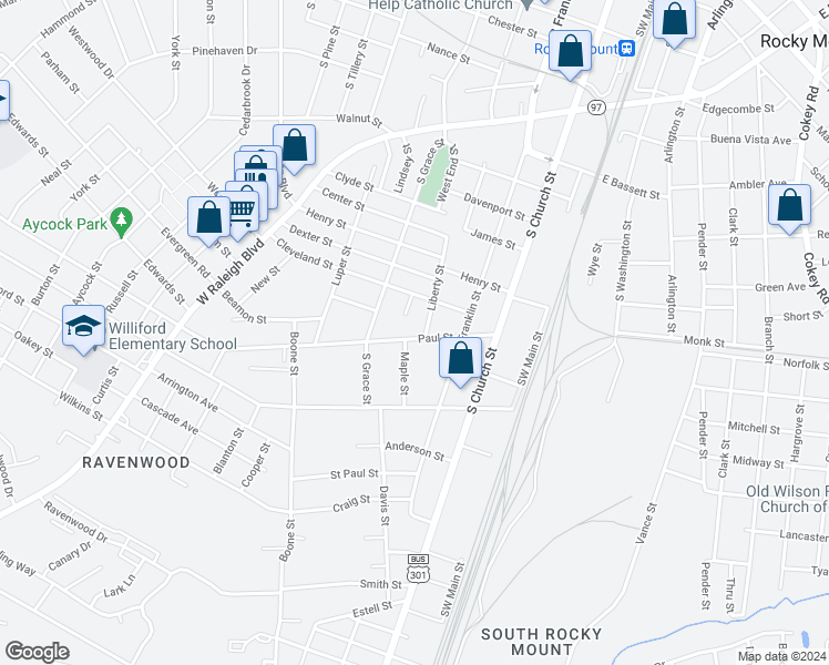 map of restaurants, bars, coffee shops, grocery stores, and more near 344 Paul Street in Rocky Mount