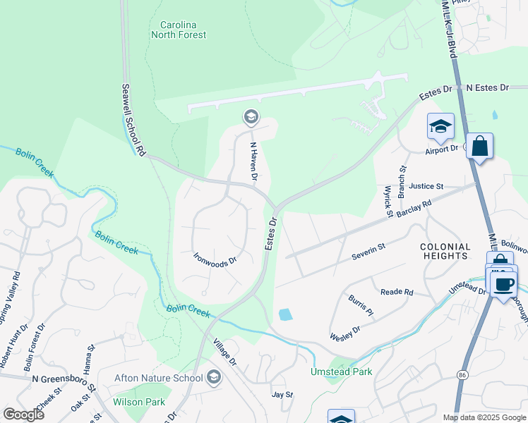 map of restaurants, bars, coffee shops, grocery stores, and more near 104 Eastridge Place in Chapel Hill