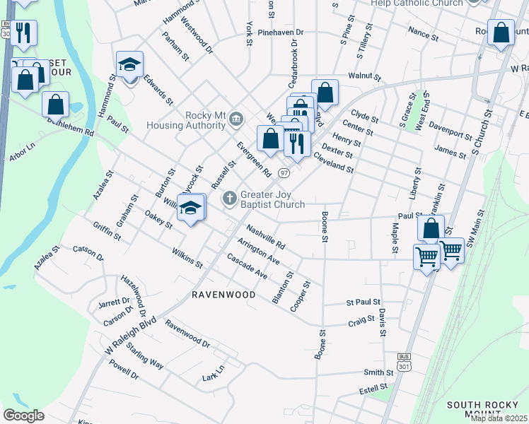 map of restaurants, bars, coffee shops, grocery stores, and more near 688 Paul Street in Rocky Mount