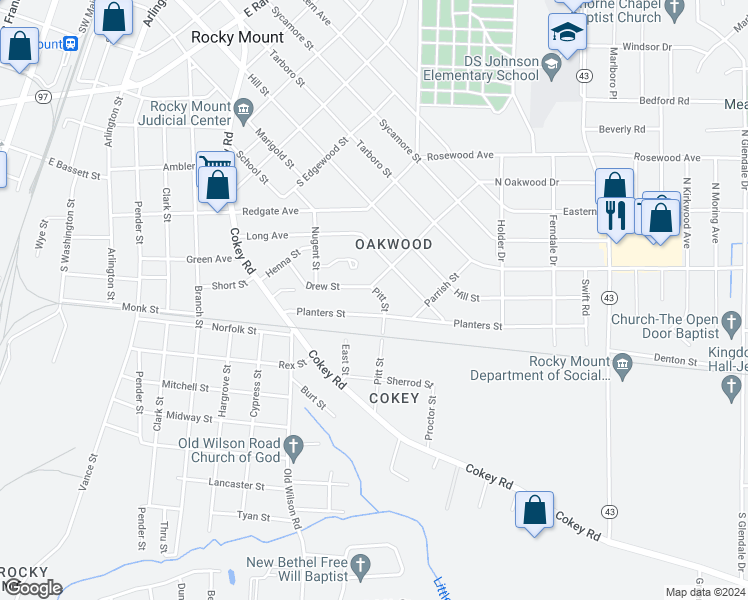map of restaurants, bars, coffee shops, grocery stores, and more near 1109 Pitt Street in Rocky Mount