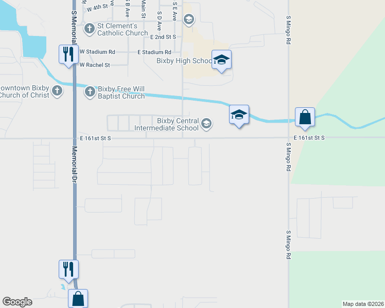 map of restaurants, bars, coffee shops, grocery stores, and more near 9040 East 161st Street South in Bixby