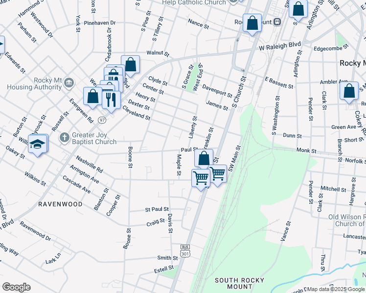map of restaurants, bars, coffee shops, grocery stores, and more near 344 Paul Street in Rocky Mount