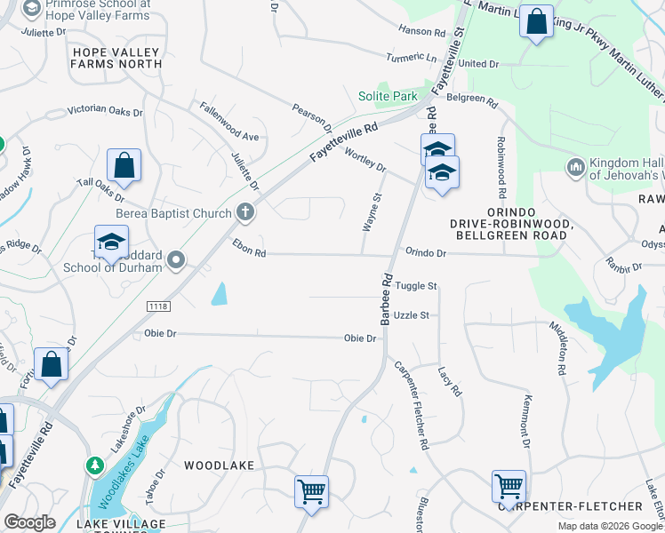 map of restaurants, bars, coffee shops, grocery stores, and more near 316 Ebon Rd in Durham