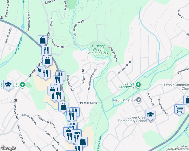 map of restaurants, bars, coffee shops, grocery stores, and more near 914 Meadowood Drive Northeast in Lenoir