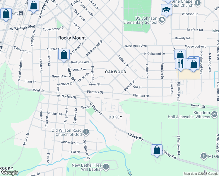 map of restaurants, bars, coffee shops, grocery stores, and more near 1108 Pitt Street in Rocky Mount