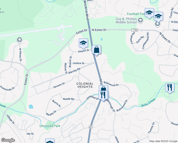 map of restaurants, bars, coffee shops, grocery stores, and more near 113 Barclay Road in Chapel Hill