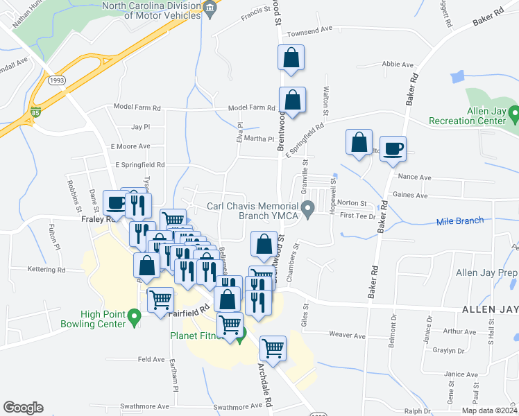map of restaurants, bars, coffee shops, grocery stores, and more near 615 Vista Circle in High Point