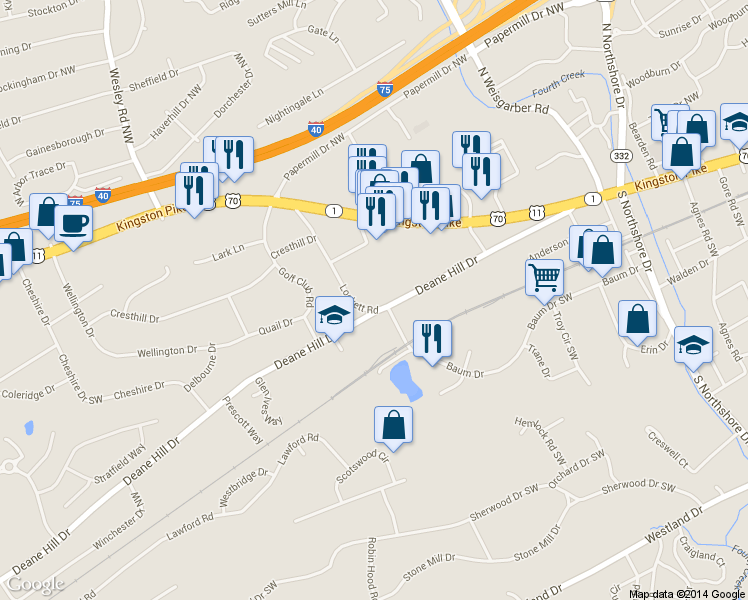 map of restaurants, bars, coffee shops, grocery stores, and more near 6525 Deane Hill Drive in Knoxville