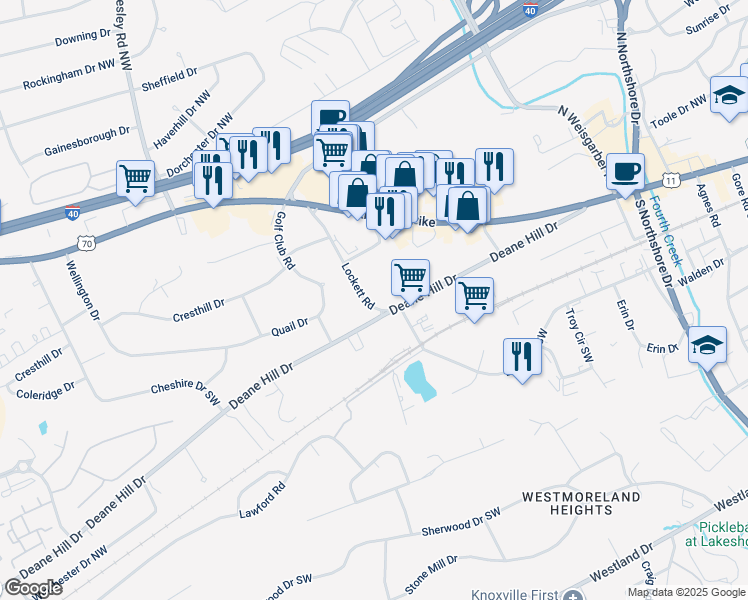 map of restaurants, bars, coffee shops, grocery stores, and more near 6525 Deane Hill Drive in Knoxville