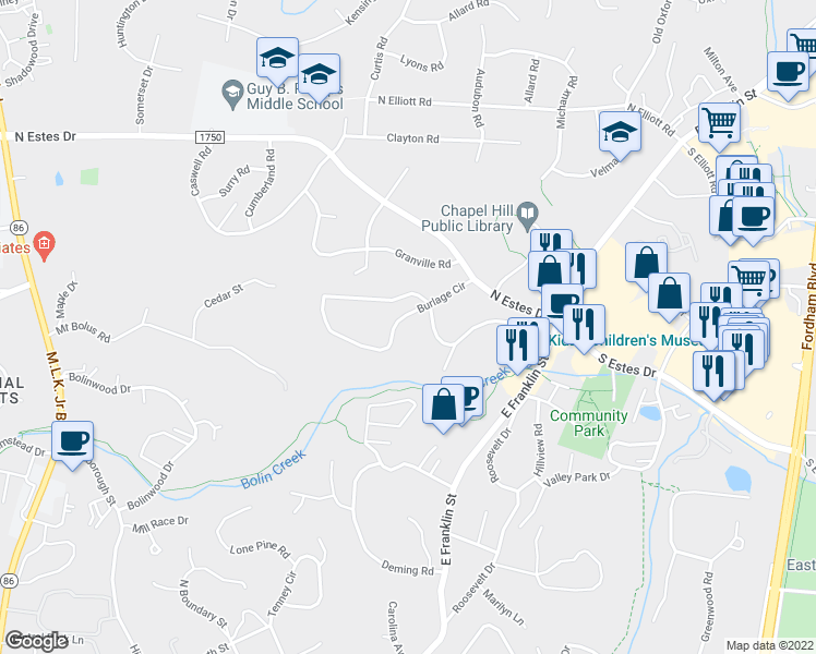 map of restaurants, bars, coffee shops, grocery stores, and more near 301 Burlage Circle in Chapel Hill