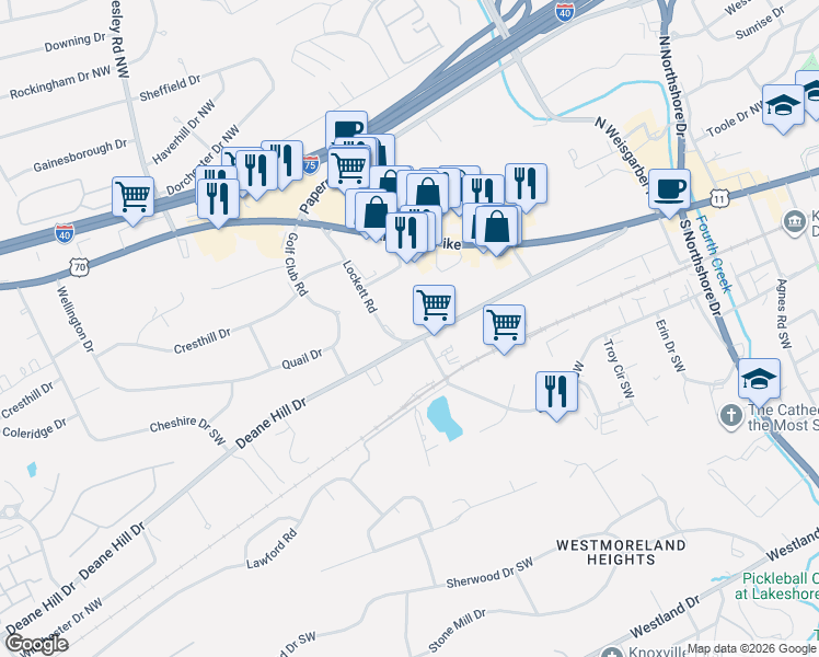 map of restaurants, bars, coffee shops, grocery stores, and more near 6525 Deane Hill Drive in Knoxville