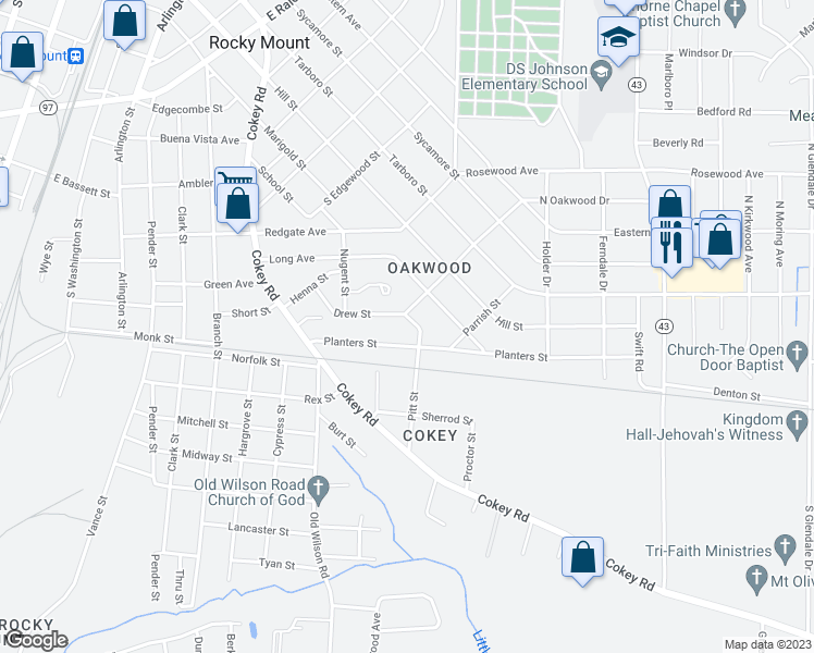map of restaurants, bars, coffee shops, grocery stores, and more near 1113 Pitt Street in Rocky Mount