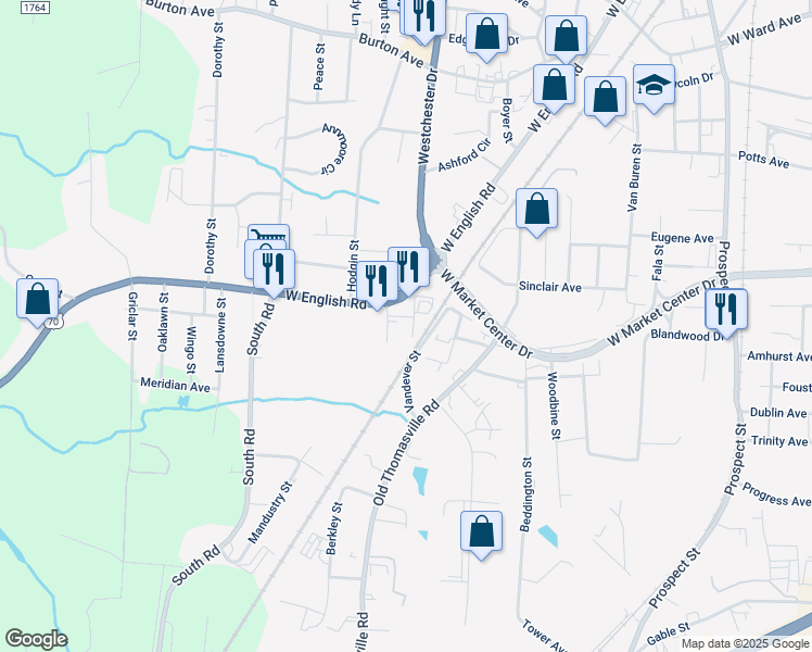map of restaurants, bars, coffee shops, grocery stores, and more near 219 Cornell Drive in High Point