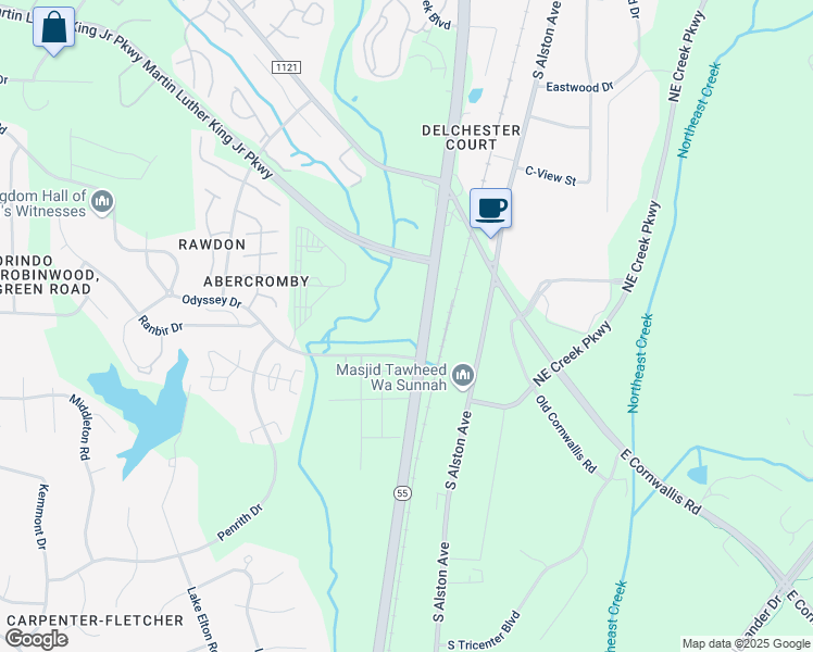 map of restaurants, bars, coffee shops, grocery stores, and more near 3500 Apex Highway in Durham
