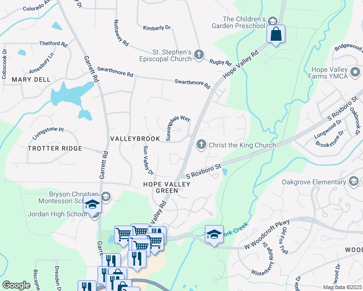 map of restaurants, bars, coffee shops, grocery stores, and more near 3706 Sunningdale Way in Durham