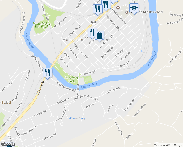 map of restaurants, bars, coffee shops, grocery stores, and more near 204 Emory Dr in Harriman