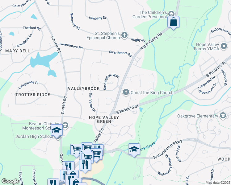 map of restaurants, bars, coffee shops, grocery stores, and more near 3704 Sunningdale Way in Durham