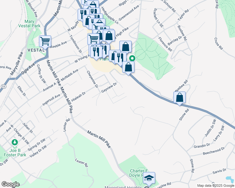 map of restaurants, bars, coffee shops, grocery stores, and more near 206 Gayview Drive in Knoxville
