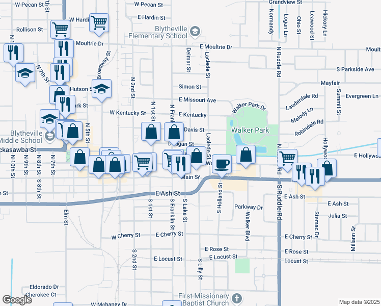 map of restaurants, bars, coffee shops, grocery stores, and more near 201 Delmar Street in Blytheville