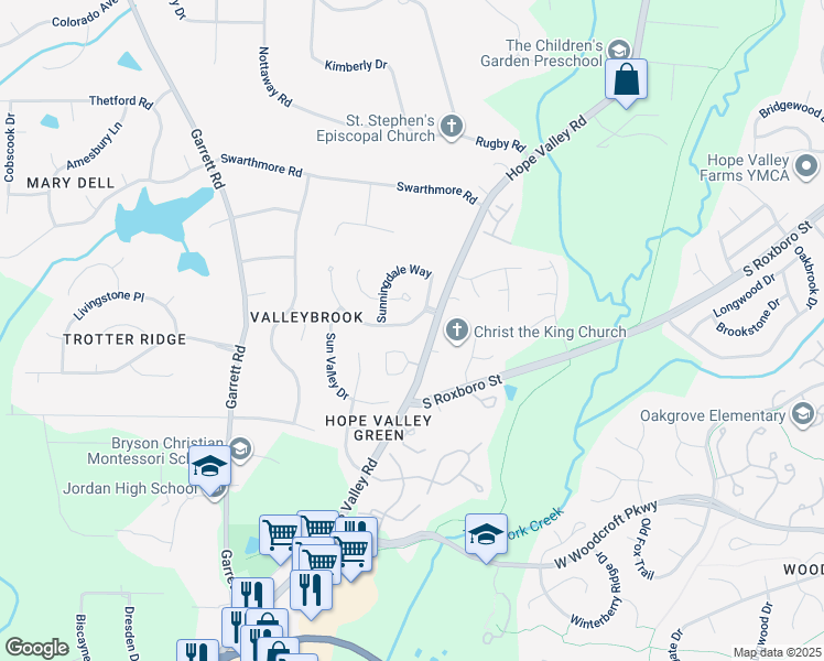 map of restaurants, bars, coffee shops, grocery stores, and more near 3706 Sunningdale Way in Durham