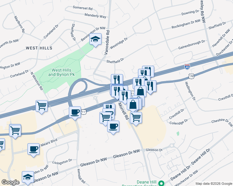 map of restaurants, bars, coffee shops, grocery stores, and more near 148 Buckingham Drive in Knoxville