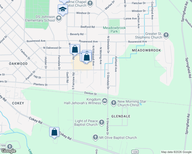 map of restaurants, bars, coffee shops, grocery stores, and more near 108 S Moring Ave in Rocky Mt